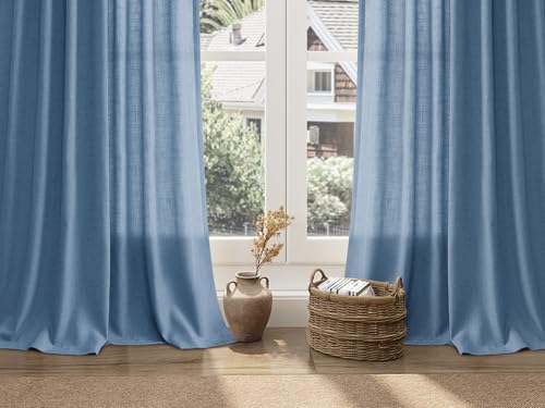 Image of Stone Blue Linen Curtains 63 Inches Long 2 Panel Sets for Living Room Bedroom Rod Pocket Back Tab Light Filtering Drape for Kitchen Window Short Protect Privacy Curtain 52x63