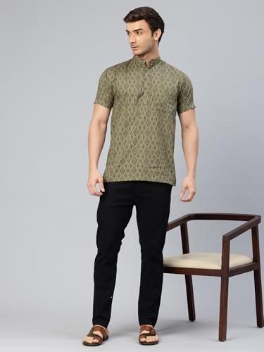 Image of Majestic Man Men Slim Fit Ethnic Motifs Cotton Printed Half Sleeve Short Kurta
