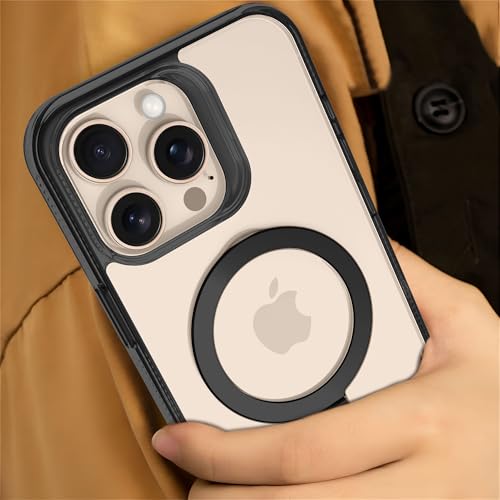 Image of eller sante Solarix Magpro Back Cover Case for iPhone 16 Pro with Magnetic Alloy Ring Metal Kickstand Camera Screen Protector TPU Shockproof 10ft Drop Protection Compatible with Mag-Safe- Black