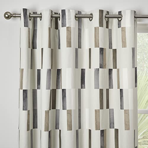 Fusion Natural Geometric Tile Curtains W46 x L72 (117x183cm), 2 Panels, 100% Cotton Eyelet Drapes, Vertical Rectangle Pattern - Image 2