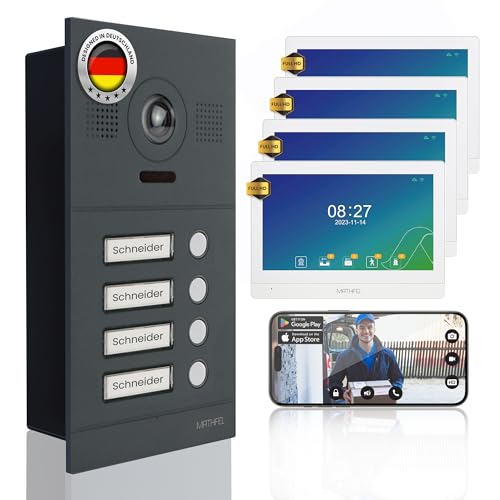 Mathfel Videoportero IP de 2 hilos con apertura de puerta, cámara Full HD, monitor de 7 pulgadas y control de aplicación, timbre de vídeo inteligente con intercomunicador (antracita, 4 pulsadores de