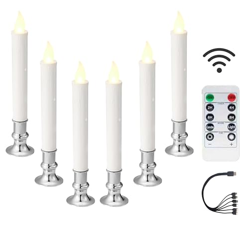 FGDECORJOIE Rechargeable Flameless Taper Candles Set 6 with Remote & Timer Silver Base 9 Inches Warm White LED Flickering Window Candles USB Charging Dimmable Christmas Table & Fireplace Decor