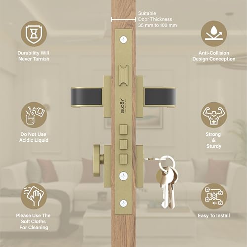 Image of GLOXY Zinc Mortise Door Locks for Main Door Lock with 3 Bras Key Handles Set,Door Locks for Bedroom,Mortise Lock for All Door|Antique & Black Finish (2 Years Warranty, Pack of 1)