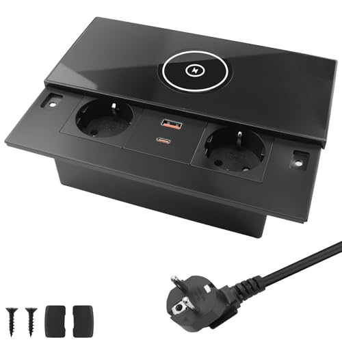 BlueXP Enchufe Empotrable con Cargador Inalámbrico Carga Rápida Toma de Mesa Deslizante de Acero Inoxidable 2 Tomas Schuko USB-A USB-C Enchufe Empotrado para Oficina Sala de Reuniones & Cocina Negro