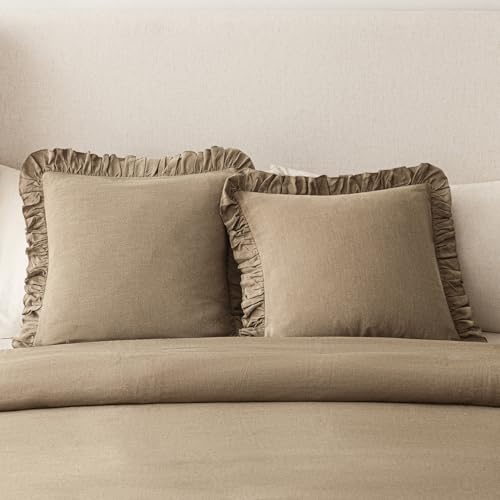 Image of Foindtower Set of 2 Decorative Soild Fringe Ruffle Throw Pillow Covers Soft Boho Farmhouse Cushion Cover Cozy Accent Retro Pillowcase for Couch Sofa Bed Living Room Home Decor,20x20 Inch,Light Brown