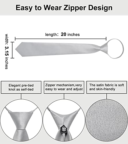 Image of YourTies Zipper Tie for Men Adjustable Pre-tied Satin Neckties and Pocket Square Set Solid Color Business Formal Wedding