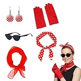 5 piezas 50’s costume accessories set, accesorios mujer retro años 50 con gafas de gato, pendientes, guantes rojos, bandana y bufanda de lunares, ideal para disfraz vintage de fiesta o carnaval