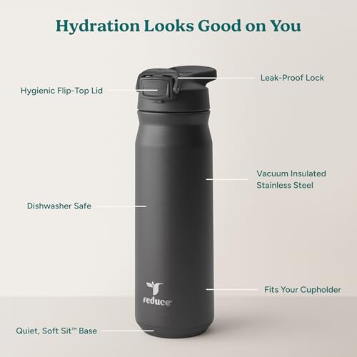 Image of REDUCE 24 oz Hydrate Pro Stainless Steel Insulated Water Bottle - Flip Top Leak-Proof Lid, Dishwasher Safe, BPA-Free, Dual Wall Vacuum, Keeps Drinks Cold for 48 Hrs, Cup Holder Friendly - Black