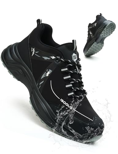 ISOOUS Steel Toe Shoes for Women Men Wide Waterproof Non Slip Work Sneakers Lightweight Breathable Safety Tennis Shoes Comfortable Construction Work Safety Puncture Proof Indestructible Work Shoes