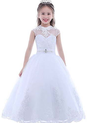 HEVECI Pure White First Communion Dresses for Girls 7-16 Princess Flower Girl Dress Wedding Party