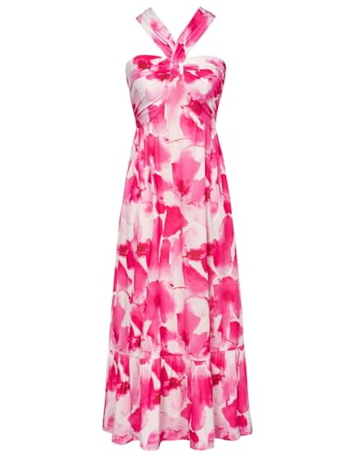 2024 Summer Women's Criss Cross Halterneck Sleeveless Floral Print Flowy A Line Maxi Dress Pink Watercolour M