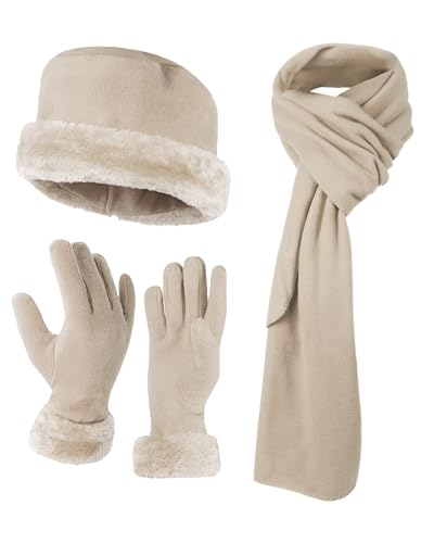 3 Pieces Set Matching Hat, Gloves and Scarf for Woman. Solid Colors - Beige