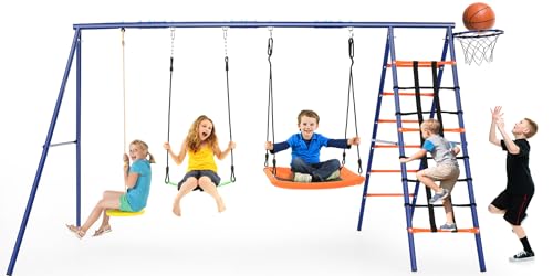 Swing Set for Backyard - Heavy Duty 6 in 1 Playground Sets 550lbs Upgrade Saucer Swing for Kids Outdoor Metal Swing Stand with 3 Adjustable Swings Seats Climbing Wall Ladder Basketball Hoop