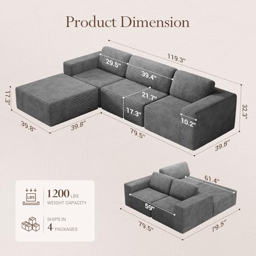 Image of Vesgantti 119 inch L-Shaped Modular Sectional Sofa, Corduroy Cloud Couch with Deep Seating & Spring Support, Flexible Layout Sofa with Ottoman, Boneless Style, No Assembly Required, Grey