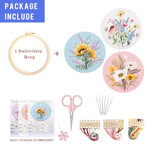 Image of EOBTAIN 3 Pcs Pink Floral Embroidery Kit for Beginners, Plant Flower Embroidery Kits for Adults,Embroidery Starter Kit with Pattern,Hoop,Thread,Needles,Hand DIY Craft Kits for Adults