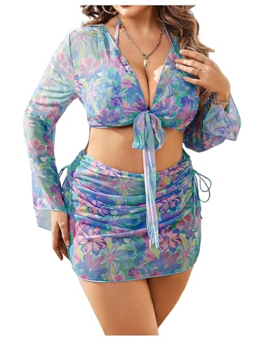 MakeMeChic Women's Plus Size 4 Piece Swimsuit Floral Halter Triangle Thong Bikini with Cover Up Set