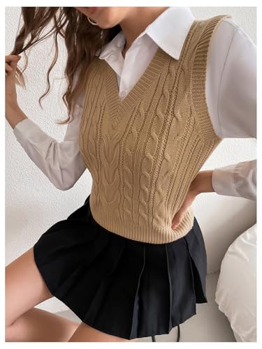Image of Milumia Women's Cable Knit V Neck Sweater Vest Sleeveless Ribbed Crop Tank Top