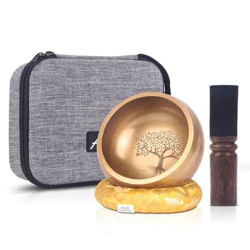 Kmise Tibetan Singing Bowls Set- Handmade in Nepal Meditation Sound Bowls for Yoga, Meditation, Mindfulness, Healing and Chakra Balancing, Stress Relief (5', World Tree)
