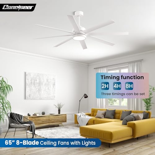 Image of Conciseer 65 Inch Ceiling Fan with Light and Remote Control for Bedroom Living Room Kitchen Home Office, Indoor /Outdoor Use, 6CCT Dimmable, 8 Blades 6 Speed Reversible Quiet DC Motor, White