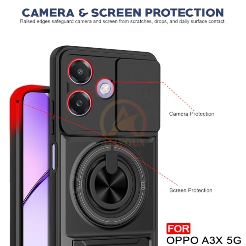 Image of Oppo A3X 5G Back Cover | Armor Camera Slider 360 Degree Rotating Finger Ring Holder Case with Bracket Stand Back Case Cover (Compatible with MagSafe Accessories) (Black)