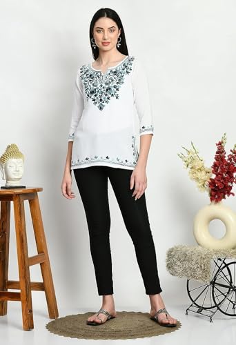 Image of QAZMI Women's Cotton Embroidered Short Kurti (Aari Work) White-Blue XL