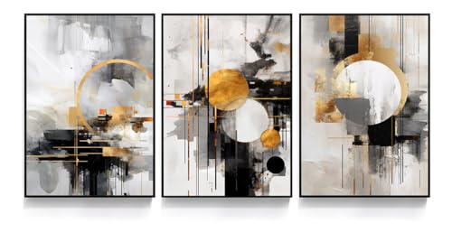 Kit 3 Quadros Circulos Dourados e Preto Cinza Moderno Decoração Casa Sala e Quarto (43x32cm, Preto)