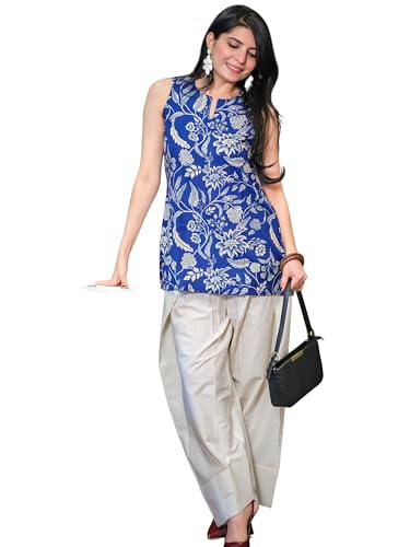 Women's Cotton Blend Floral Print Straight Short Kurti with Farshi Salwar Set Rakhi Festive | Ethnic Wear | Co-ords Set | Key Hole Neck | Ethnic Set |