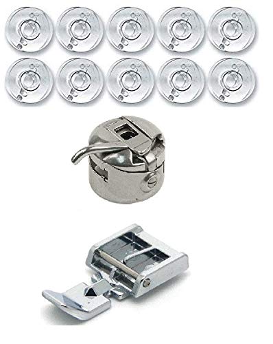ZENITH Combo of Zipper Double Pressure Foot and 10 Plastic bobbins and Bobbin case Compatible with Domestic Automatic Front Loading Electric Sewing Machines Compatible with usha janome Singer