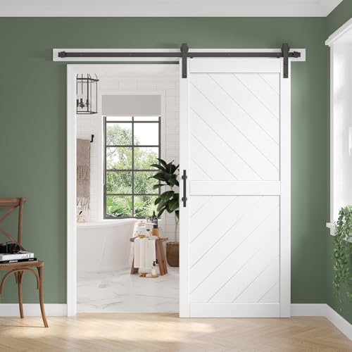36in x 84in Sliding Barn Door with 6.6FT Barn Door Hardware kit & Handle Included Solid MDF Wood Slab Covered with Water-Proof & Scratch-Resistant PVC Surface Simple DIY Assembly Chevron Pattern