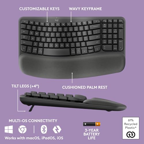 Image of Logitech Wave Keys & Lift Vertical Mouse - Ergonomic Bundle - Wireless Keyboard with Cushioned Palm Rest & Vertical Wireless Mouse - Easy-Switch, Bluetooth, for Multi-OS, Windows /Mac - Graphite