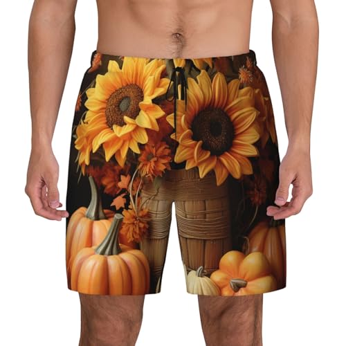 Men's Swim Trunks Quick Dry Board Shorts Pumpkin and Sunflower Beach Shorts with Pocket Bathing Suits for Men