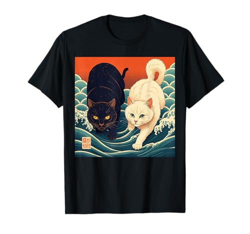 Ukiyo-e - Gatos blancos y negros con agua, estilo artístico japonés Camiseta