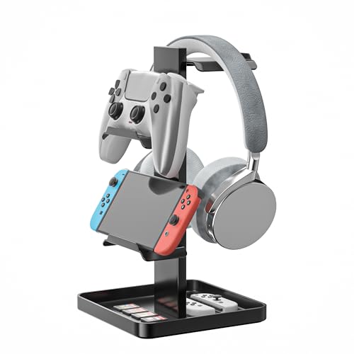Josmimic Kopfhörerständer & Controller-Halter – Metall-Headset-Halterung mit unterem Stauraum für Kopfhörer, Controller, Switch, iPad, PS4, PS5, und Smartphones