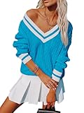 Aoudery Womens V Neck Oversized Sweaters Long Sleeve Cable Knit Pullover Striped Chunky Sweater Casual Tennis Tunic Tops - Blue L