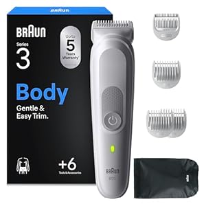 Braun Series 3 Body Groomer for Men, Pubic & Body Hair Trimmer, Waterproof Electric Ball Trimmer & Male Shaver for Sensitive Areas, SkinGuard Grooming Kit with 6 Tools, 80 Min Runtime, BG3575 Grey