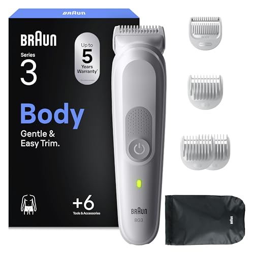 Braun Series 3 Body Groomer for Men, Pubic & Body Hair Trimmer, Waterproof Electric Ball Trimmer & Male Shaver for Sensitive Areas, SkinGuard Grooming Kit with 6 Tools, 80 Min Runtime, BG3575 Grey