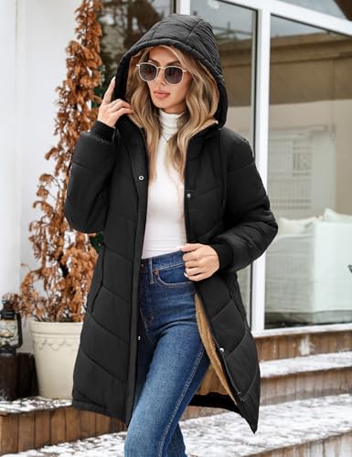 Yuson Girl Winterjacke Damen Wintermäntel Lang Steppjacke Fleece Gefüttert Mantel mit Kapuze Herbst Winter Jacke Winterparka Warm Steppmantel Winddichte Fleecejacke mit Tasche(Schwarz, XL)