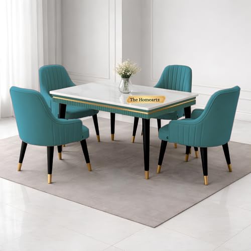 Image of Elara Modern Dining Table Set 4-Seater Wooden Dining Table Set | 1 Year Warranty | Nano Composite Marble Marble Top Table with 4 Chairs (Sea Blue)