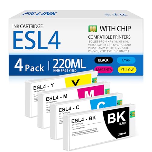 FILLINK ESL4 Ink cartridges 220ml Compatible for Roland Eco-Sol MAX2 MAX 2 ESL4 Ink Cartridge for RF-640 VS-300i VS-540i VS-640i XF-640 XR-640 Printer (1BK,1C,1M,1Y-4pk 220ml)