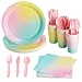 Blue Panda Pastel Rainbow Party Pack (Serves 24) Includes Plates, Cups, Napkins and Cutlery