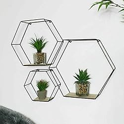 Estanterias Contemporaneas HomeZone Juego de 3 estantes de pared modernos de metal negro con forma hexagonal para montar en la pared, unidades de exhibición contemporáneas para decoración del hogar u oficina