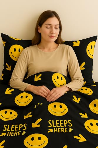 Image of 200 GSM 400 TC Kids Glace Cotton Reversible Cartoon Printed Double Bed King Size Comforter with Matching Bedsheet 90 * 100 with 2 Pillow Covers Set of 4 Pieces (Black Smile)