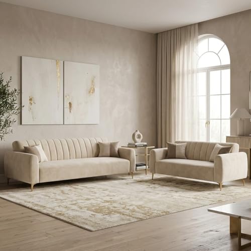 Image of Habibi Rich Velvet Suede 3+2 Seater Sofa Set | Spacious Soft Touch Comfort Seating | 5 Person Seating | Modern Living Room Sofa Set (Cream)