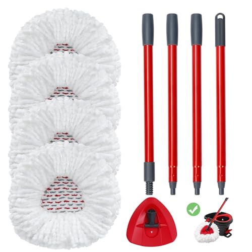 Ashsajkd 4 Pack Spin Mop Refill Heads,Include 30-58in Handle,1 Mop Base-Compatible with Spin EasyWring 1-Tank Mop System,Spin Mop Replacement Head for Floor Cleaning,Microfiber Mop Replace Heads