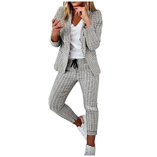 Awrvia Hosenanzug Damen Elegant Zweiteiler Business Sportlich Anzug Set Revers Büro Blazer Slimfit Lang Hose 2-teilig Sportlich Baumwolle Arbeitsmantel Modische Longblazer