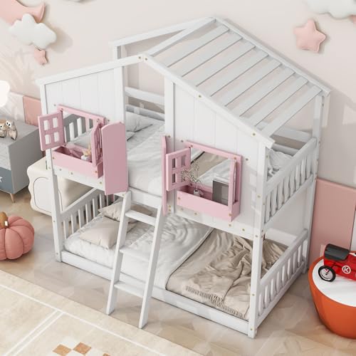 DNChuan Twin Over Twin Floor House Bunk Bed with Roof and Window, Storage Box, Low Loft Bunker Bed for Small Space, No Box Spring Needed for Kids Girls Boys, Pink/White