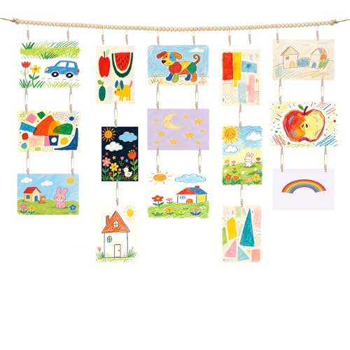 Kids Art Hanging Display for Wall 67 Inch with 36 Wood Clips Photo Holder | Jute Rope Smooth Wood Beads;36 Gentle Clips;for Kids Art Photos Cards;Paintable Beads fit Nursery Bedroom Classroom