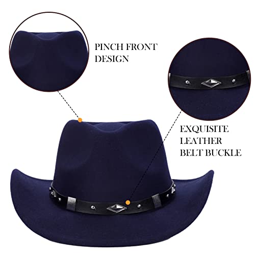 Men Women Felt Wide Brim Vintage Western Cowboy Hats Pinch Front Cowgirl Hat With Belt Navy Blue #TOP3