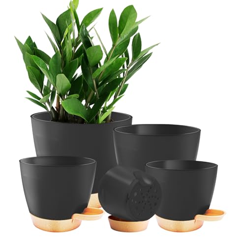 Carsapro 5-Pack Plant Pots with Drainage 7/6.5/6/5.5/5 Inch, Self Watering Pots for Indoor Plants, Planters for Indoor Outdoor Plants, Plastic Flower Pot, Planter for Indoor Outdoor (Black)