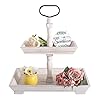 Mustry Tiered Tray Stand, Rustic Wooden Square Farmhouse Kitchen Table Decor Serving Two Tiered Tray, Your Unique Farmhouse Decor for Countertop (White)